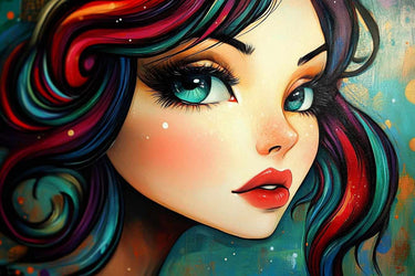 Värikäs muotokuva naisesta, jolla on kirkkaat silmät ja sateenkaarenväriset hiukset.